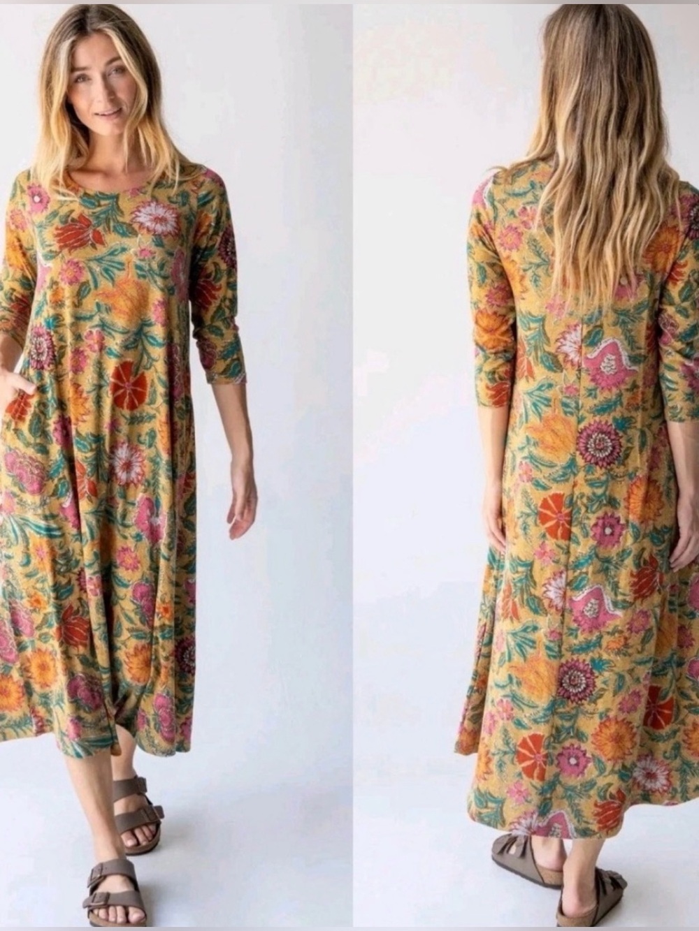 Natural Life Lottie Knit Dress XL Mustard Floral Boho Maxi Pockets